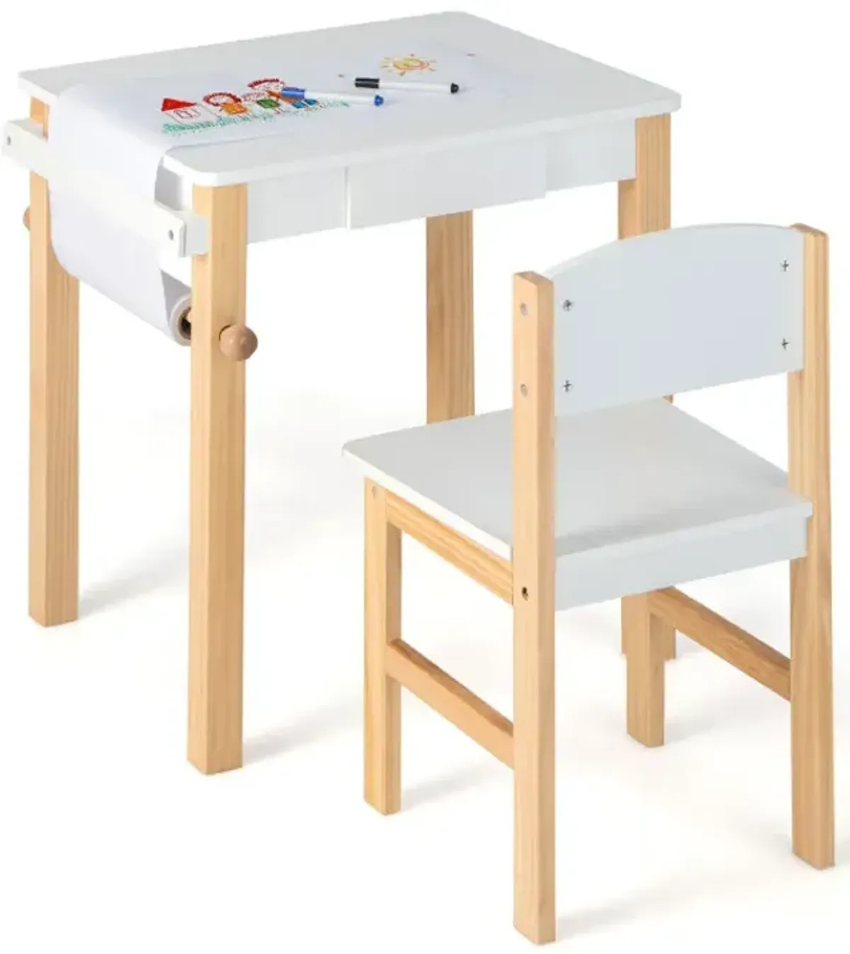 Kids Art Table and Chair Set with Drawer Paper Roll and 2 Markers and Drawer
