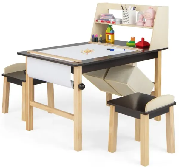 Kids Art Table and Chairs Set with Paper Roll and Storage Bins