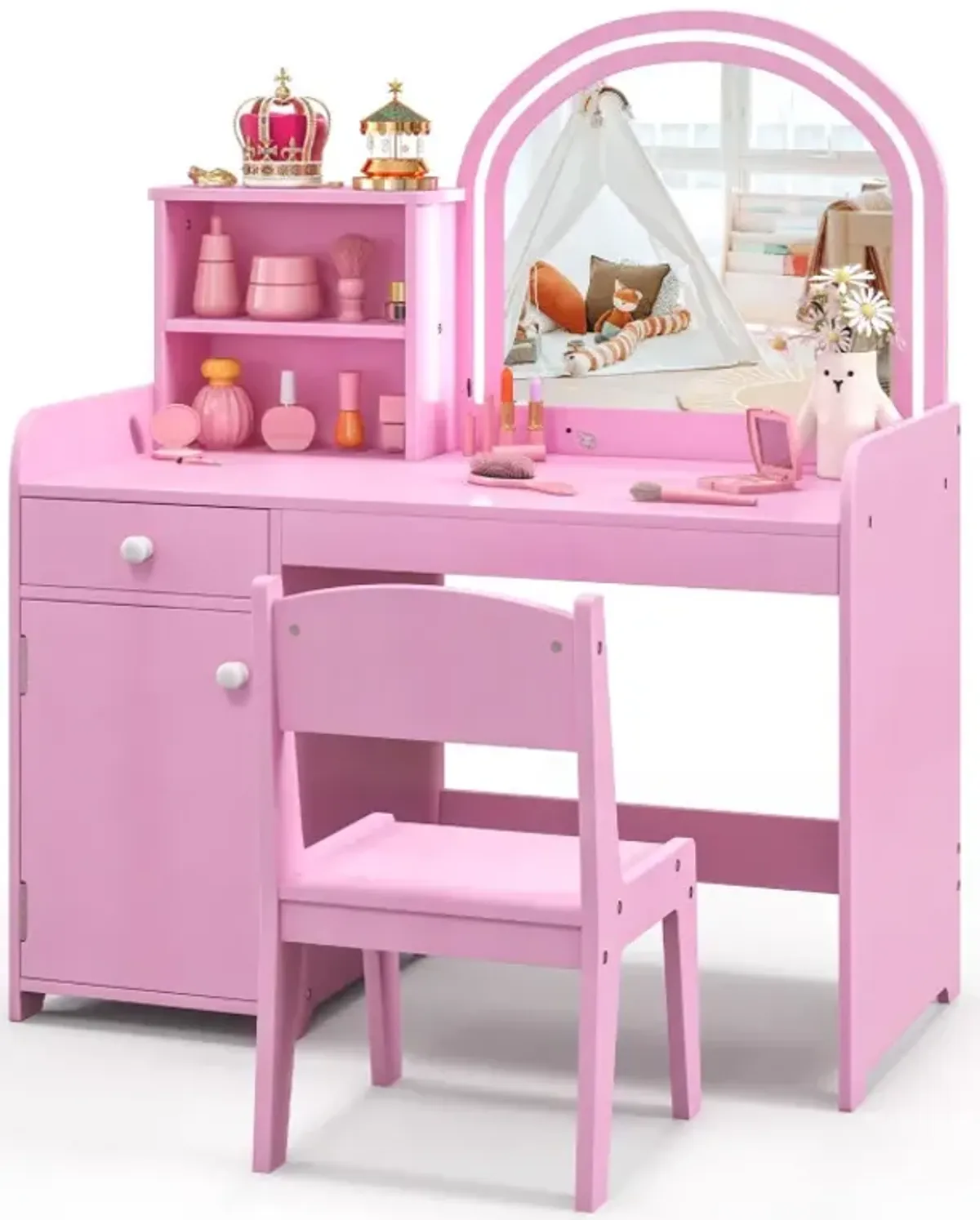 Kids Vanity Table and Chair Set with Shelves Drawer and Cabinet