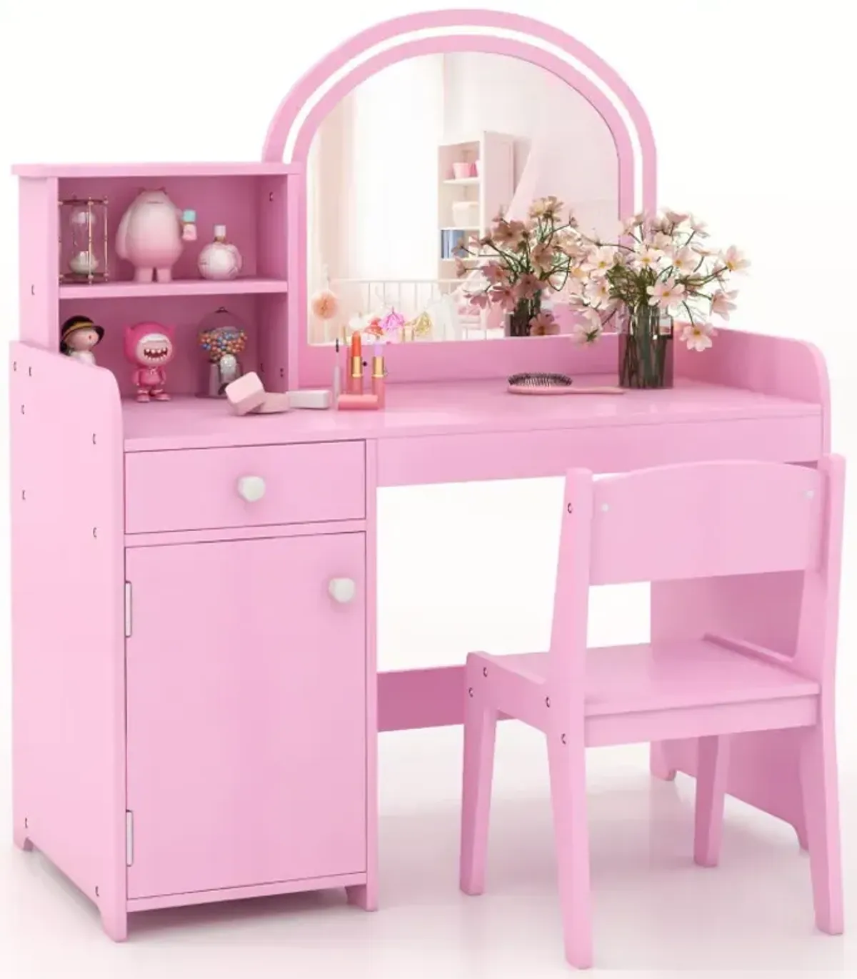 Kids Vanity Table and Chair Set with Shelves Drawer and Cabinet