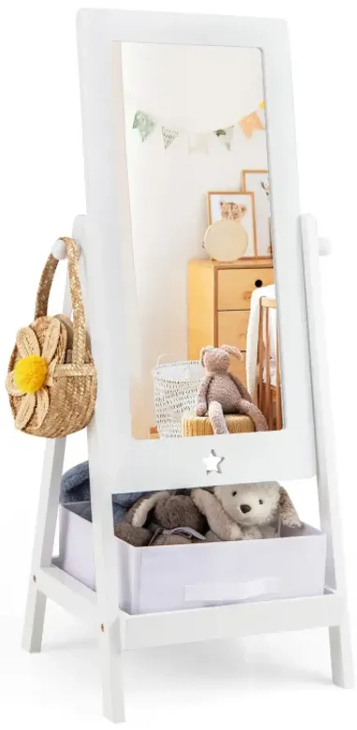 Kids Full Length Mirror 360 Degree Rotatable Dressing Mirror with Storage Bin