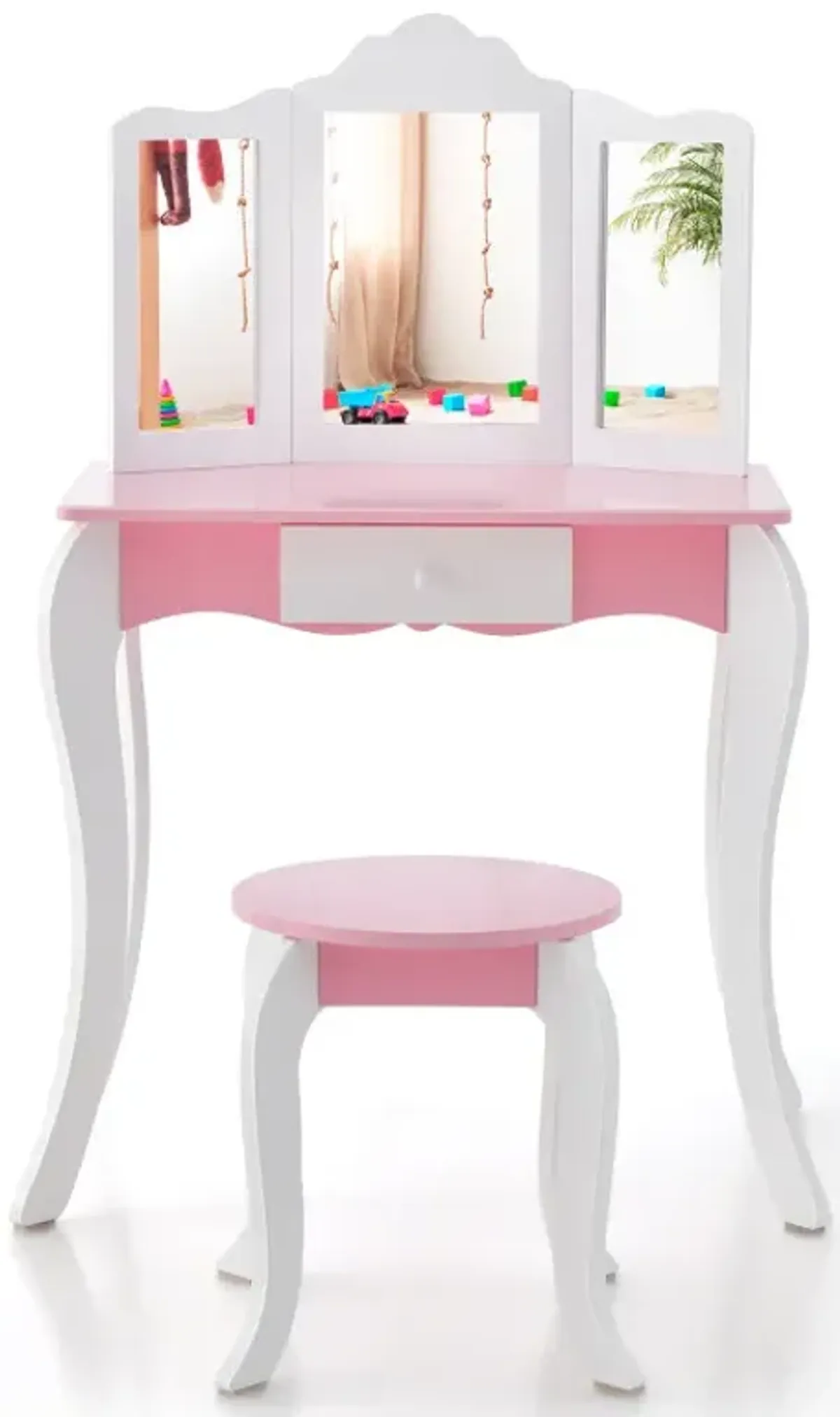 Kid's Wooden Vanity Table and Stool Set  with 3-Panel Acrylic Mirror