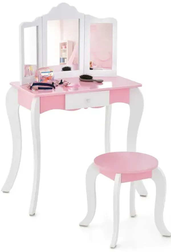 Kid's Wooden Vanity Table and Stool Set  with 3-Panel Acrylic Mirror