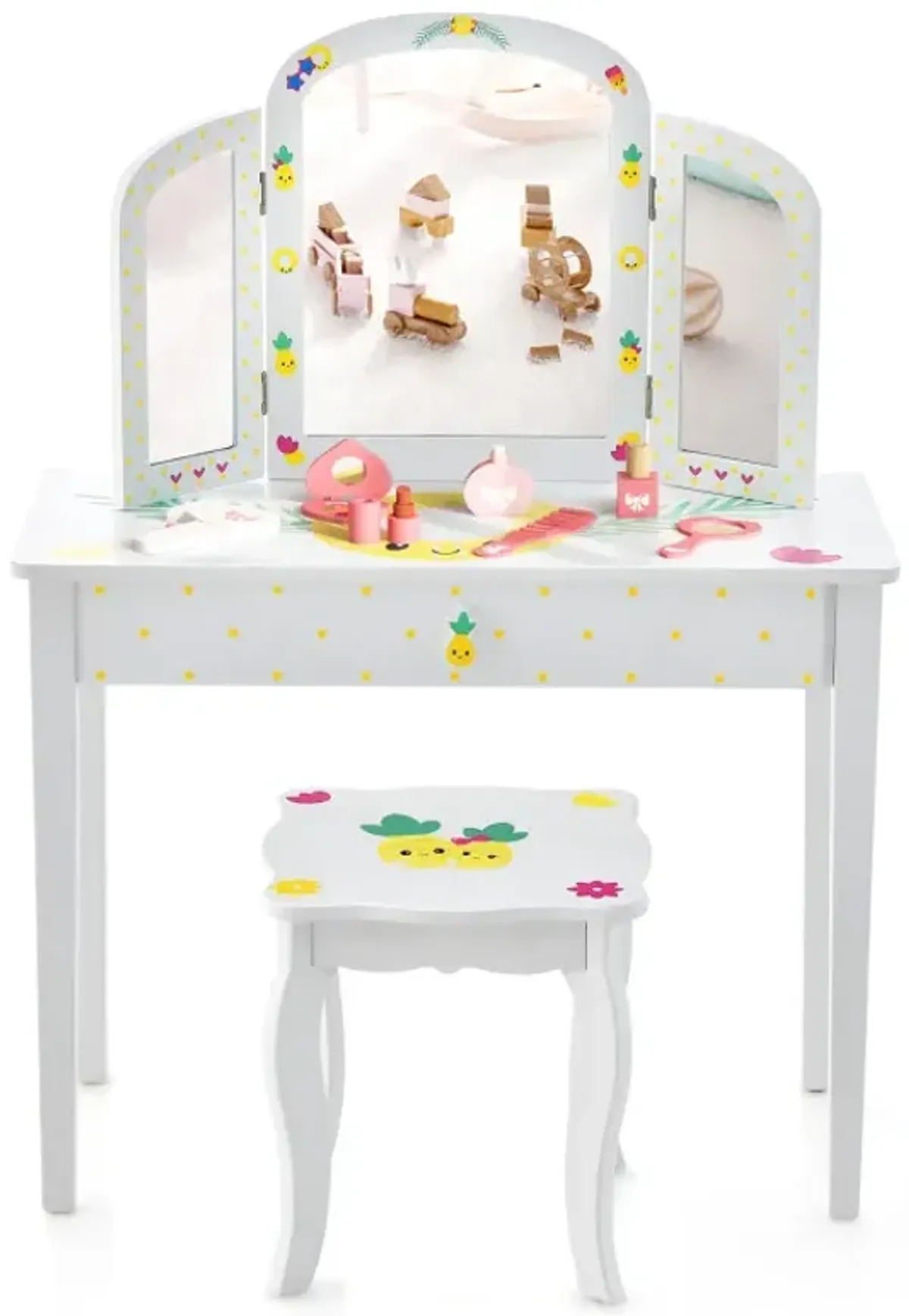Kids Vanity Table Set with Tri-Folding Mirror and Large Drawer