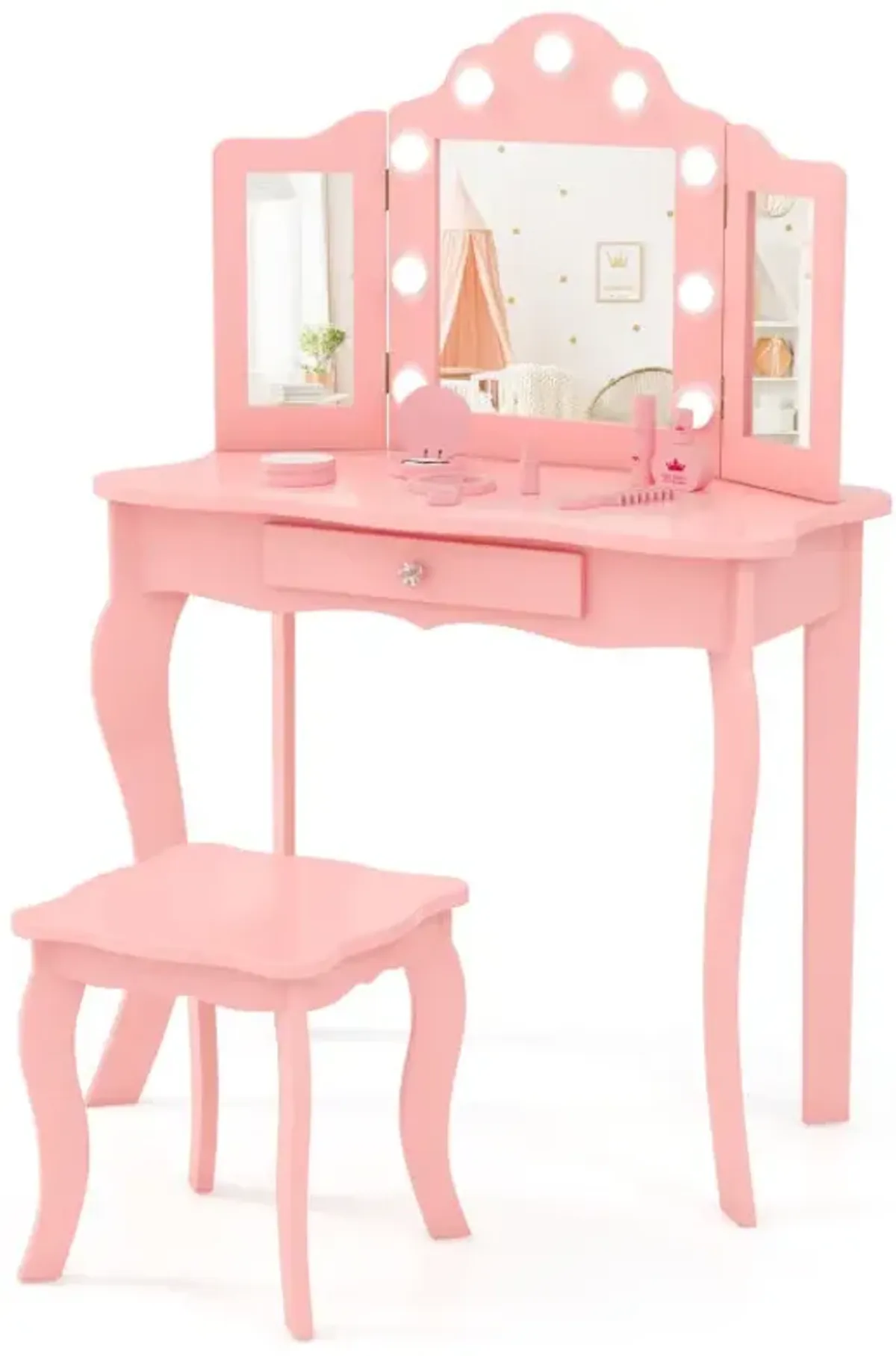 Kid Vanity Table Stool Set with Tri-Folding Mirror and 3-Color LED Lights
