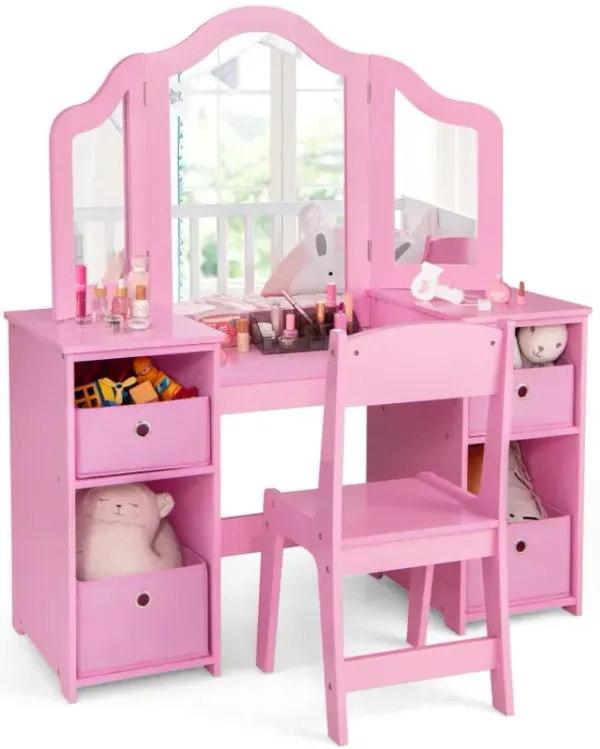 Kids Vanity Table and Chair Set with Removable Mirrors and 4 Storage Bins
