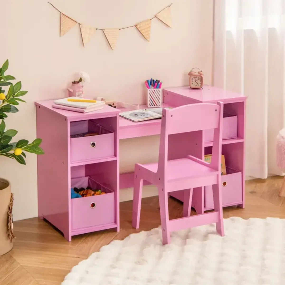 Kids Vanity Table and Chair Set with Removable Mirrors and 4 Storage Bins