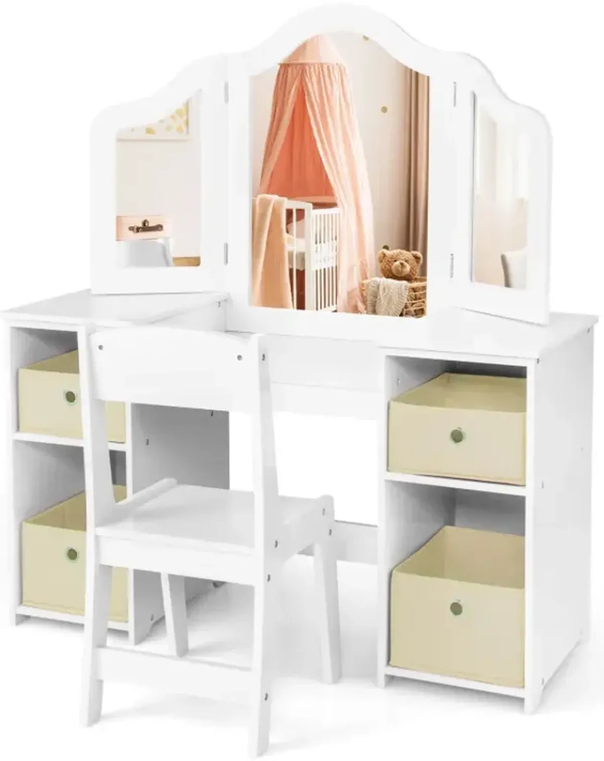 Kids Vanity Table and Chair Set with Removable Mirrors and 4 Storage Bins