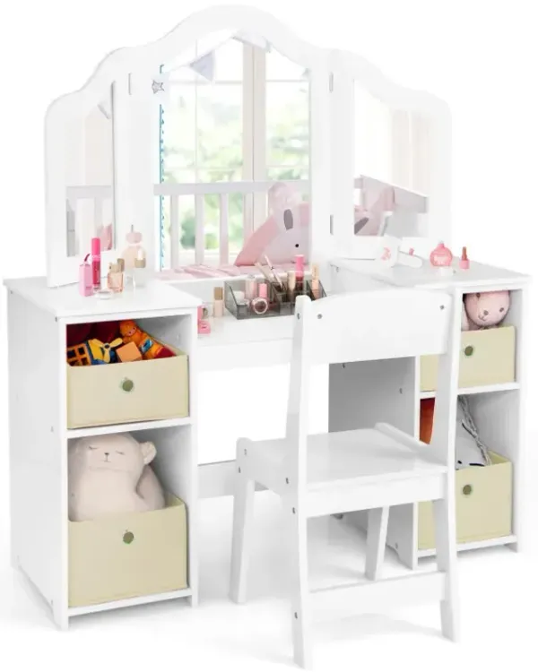 Kids Vanity Table and Chair Set with Removable Mirrors and 4 Storage Bins