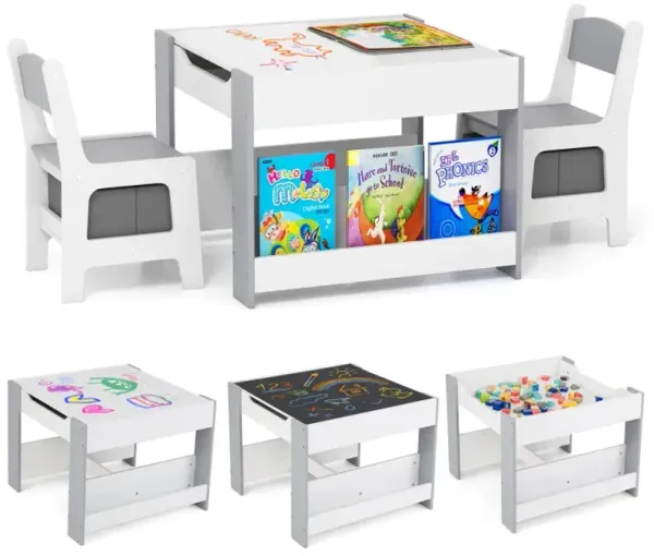 4 in 1 Kids Toddler Activity Table and Chairs Set with Reversible Tabletop
