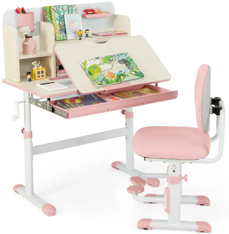 Height Adjustable Children School Home Study Table and Chair Set with Tilted Desktop for 3-12 Years Old