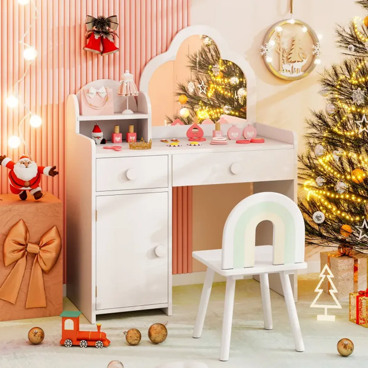 Kids Vanity Table and Chair Set with Cloud-shaped Mirror and Open Shelf