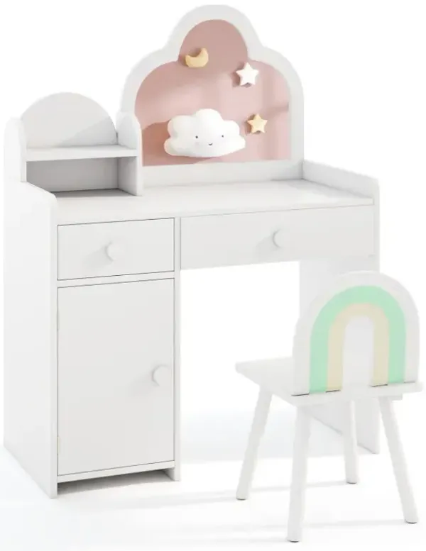 Kids Vanity Table and Chair Set with Cloud-shaped Mirror and Open Shelf