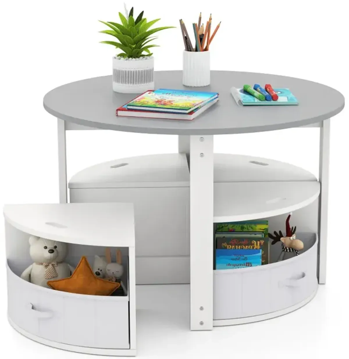 5 Piece Toddler Round Nesting Table with 4 Storage Stools for Activity