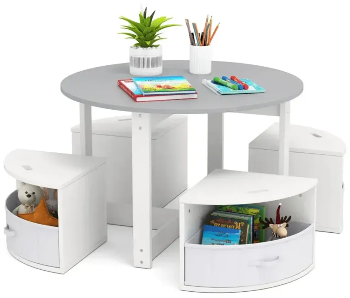 5 Piece Toddler Round Nesting Table with 4 Storage Stools for Activity