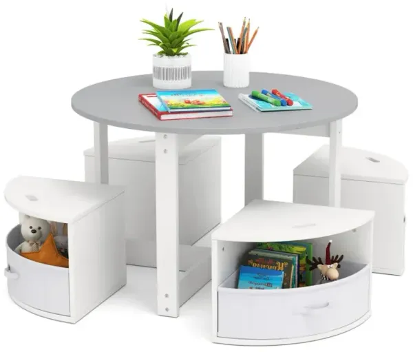 5 Piece Toddler Round Nesting Table with 4 Storage Stools for Activity