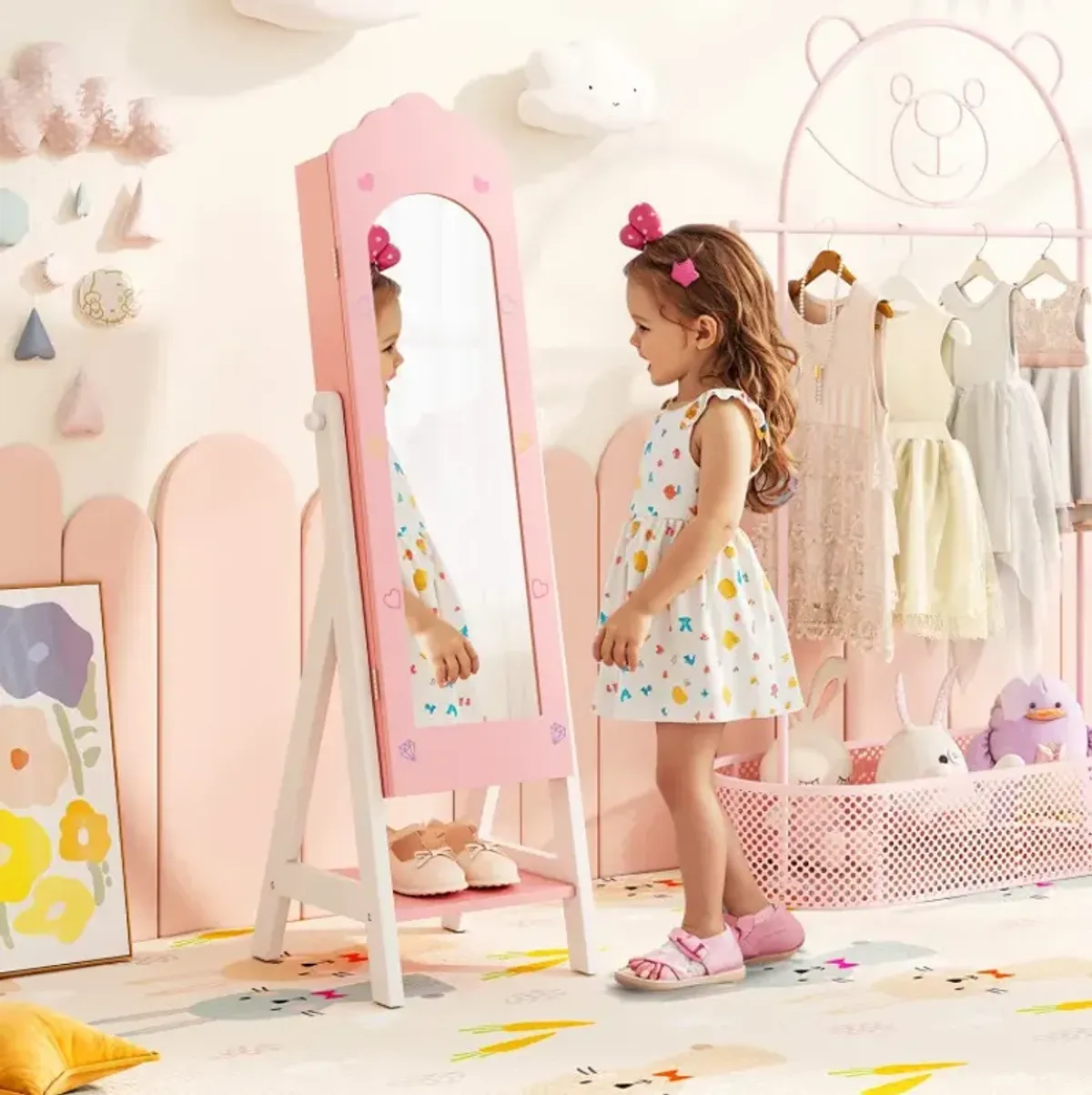 Kids Jewelry Organizer with Full Length Mirror Drawers and Storage Shelves