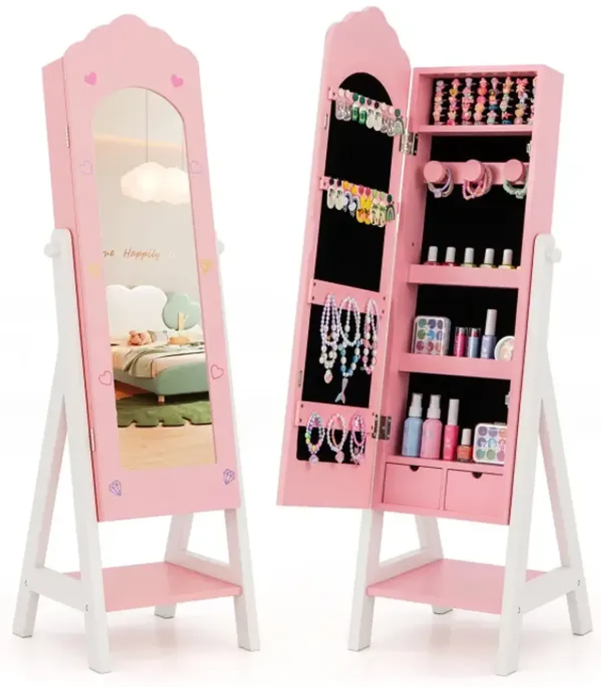 Kids Jewelry Organizer with Full Length Mirror Drawers and Storage Shelves