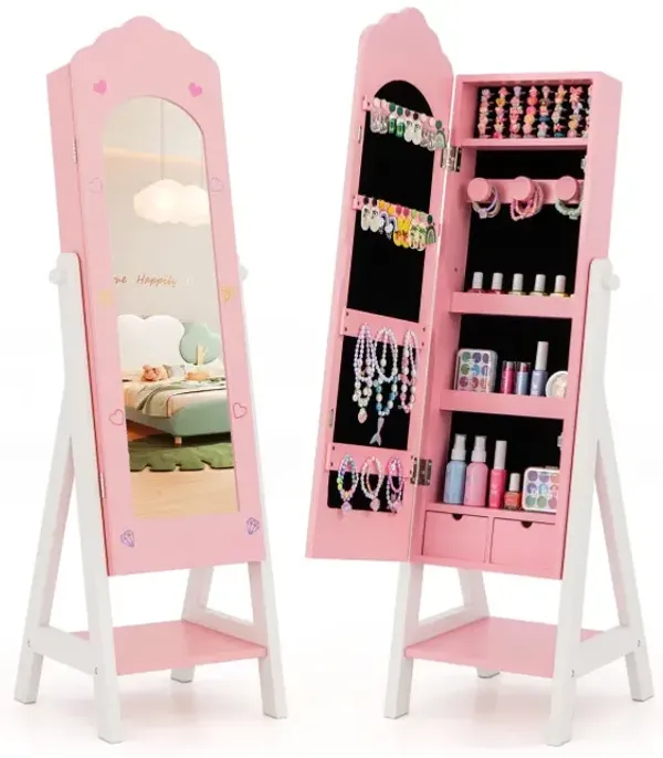 Kids Jewelry Organizer with Full Length Mirror Drawers and Storage Shelves