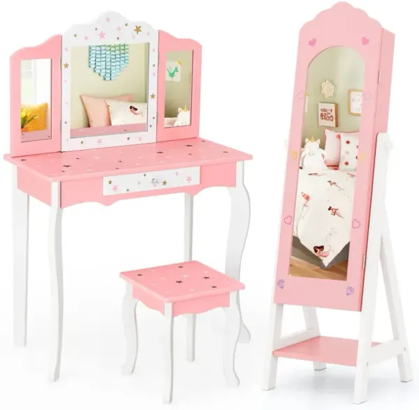 2 Pieces Kids Vanity Set and Jewelry Armoire Cabinet with Full-length Mirror