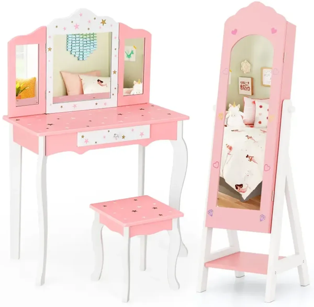 2 Pieces Kids Vanity Set and Jewelry Armoire Cabinet with Full-length Mirror