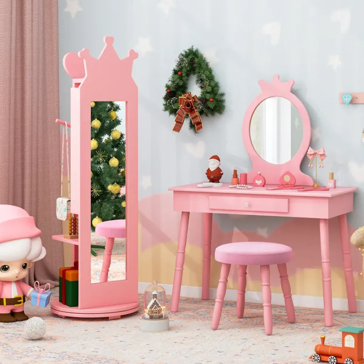 Kids Room Furniture Set Princess Vanity Table and Stool Set with Mirror and Drawer