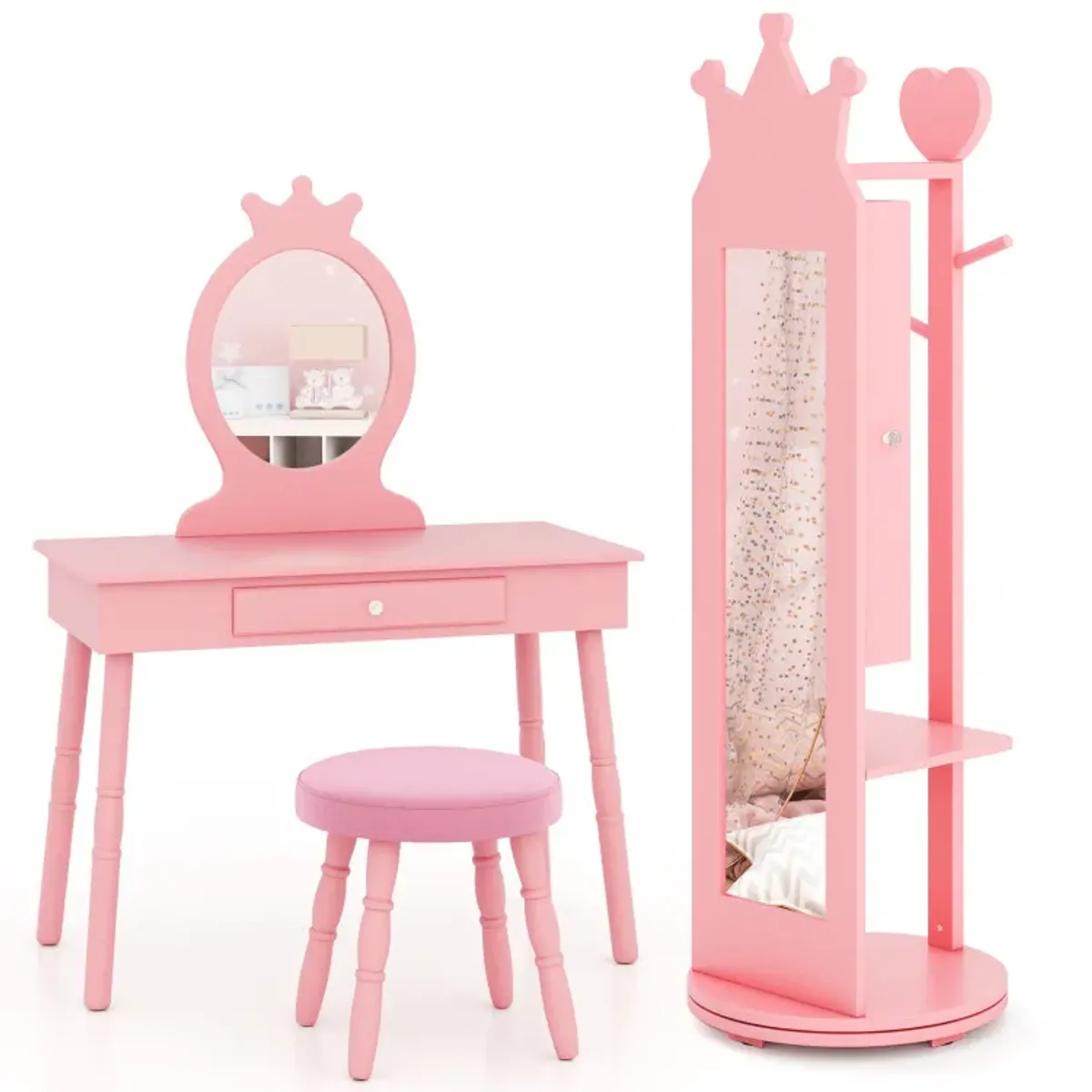 Kids Room Furniture Set Princess Vanity Table and Stool Set with Mirror and Drawer