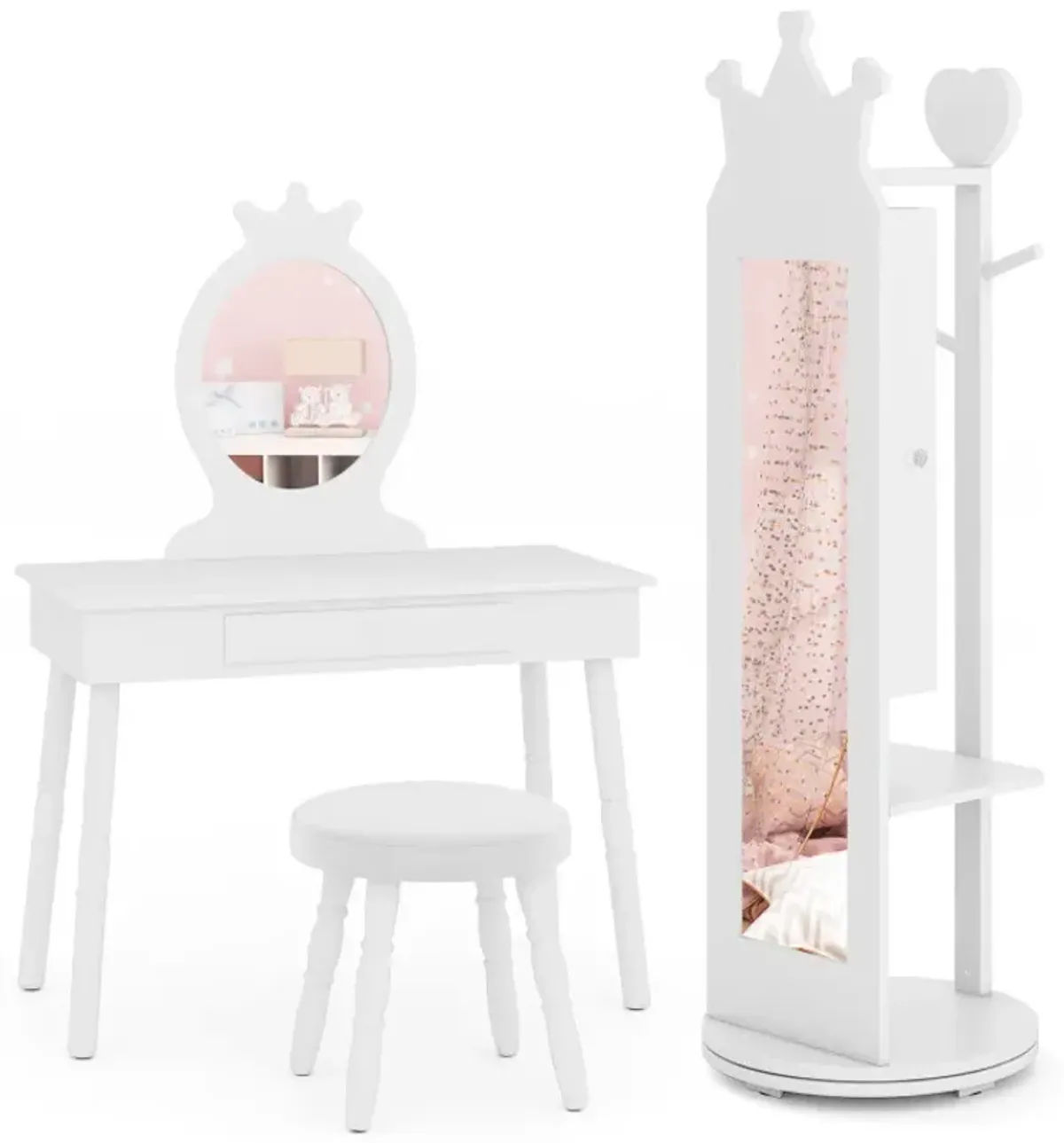 Kids Room Furniture Set Princess Vanity Table and Stool Set with Mirror and Drawer