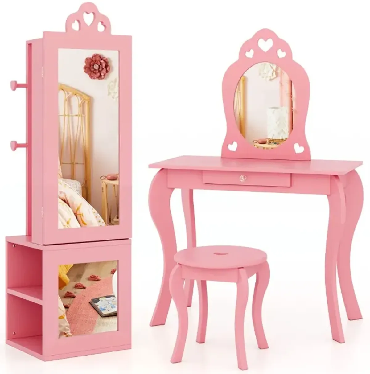3-in-1 Freestanding Kids Jewelry Cabinet Armoire with Full Length Mirror