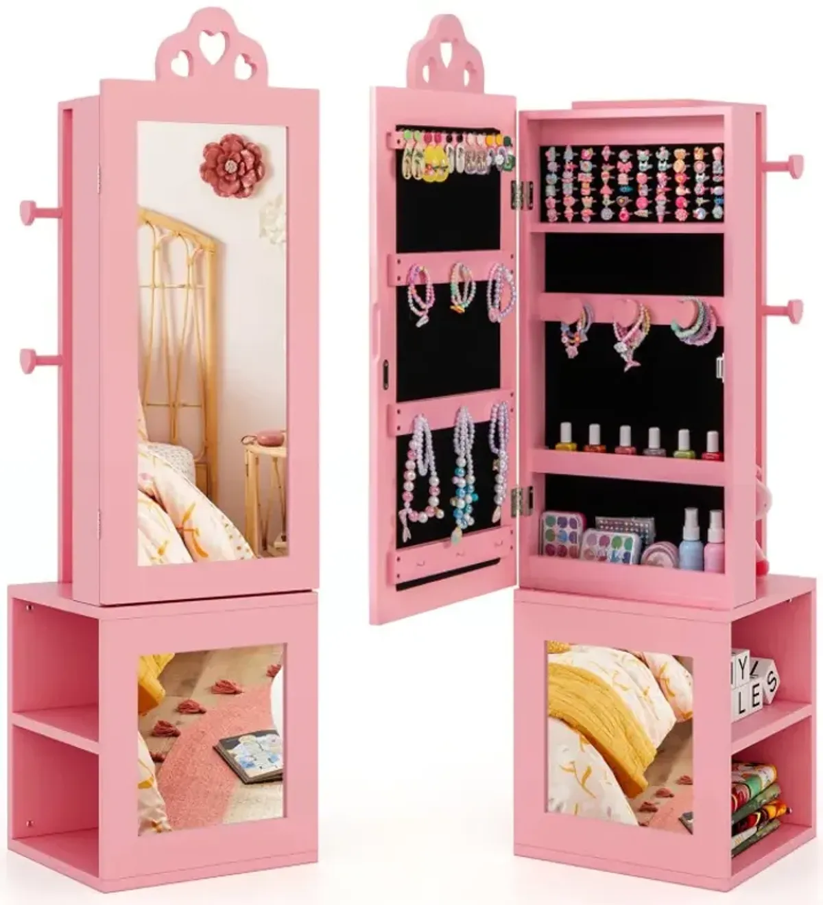 3-in-1 Freestanding Kids Jewelry Cabinet Armoire with Full Length Mirror
