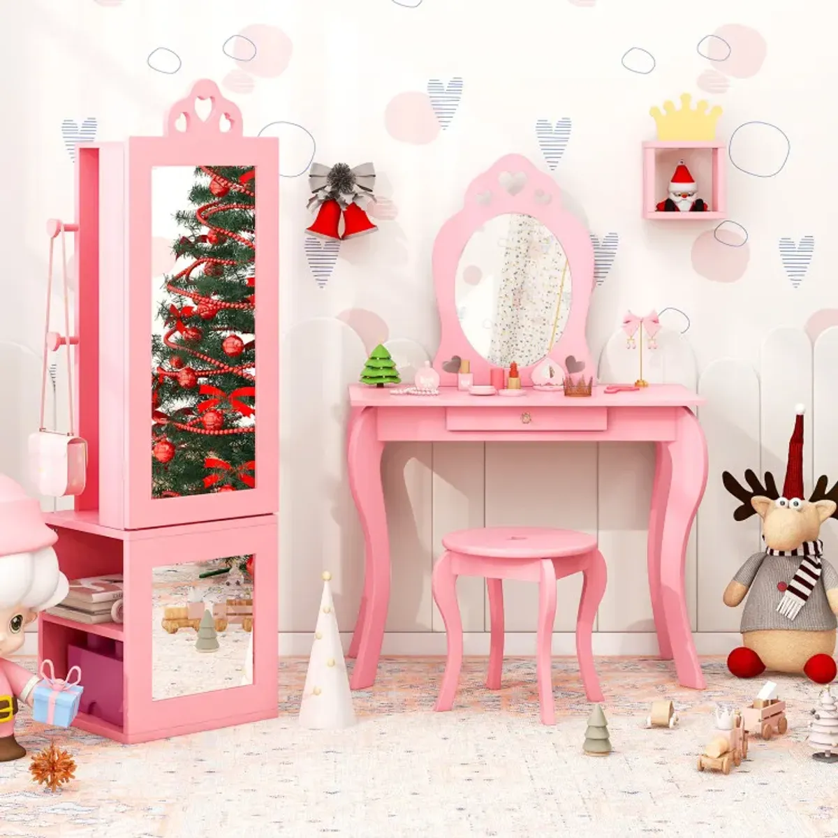 Princess Vanity Table and Stool Set Freestanding Jewelry Cabinet Armoire with Full-Length Mirror