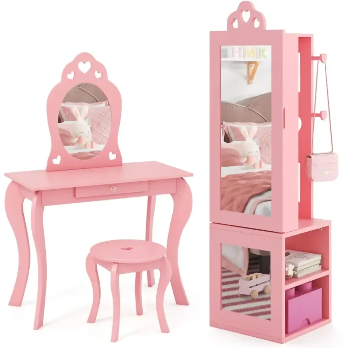 Princess Vanity Table and Stool Set Freestanding Jewelry Cabinet Armoire with Full-Length Mirror