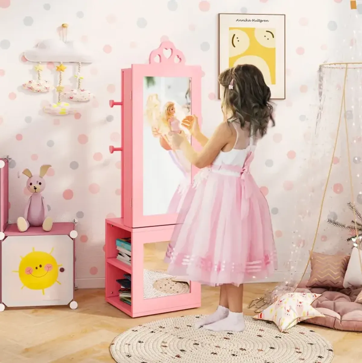 3-in-1 Freestanding Kids Jewelry Cabinet Armoire with Full Length Mirror