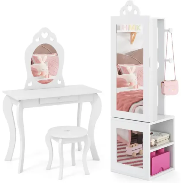 Princess Vanity Table and Stool Set Freestanding Jewelry Cabinet Armoire with Full-Length Mirror