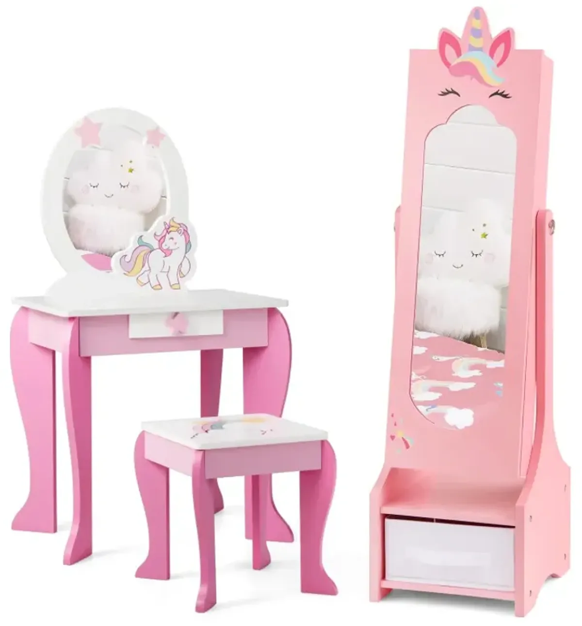Kids Jewelry Cabinet with Full-Length Mirror for Kids Bedroom and Playroom