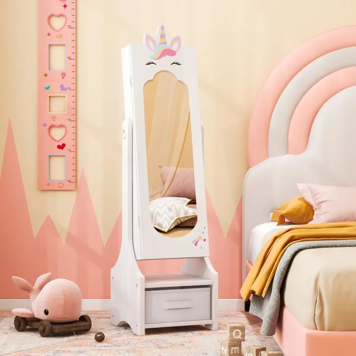 Kids Princess Vanity Table and Stool Set with Jewelry Cabinet and Mirror Drawer