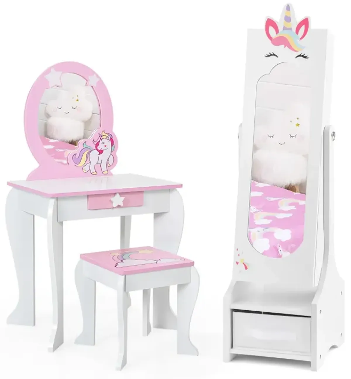 Kids Princess Vanity Table and Stool Set with Jewelry Cabinet and Mirror Drawer