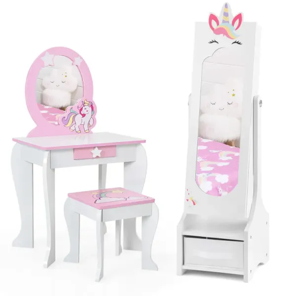 Kids Princess Vanity Table and Stool Set with Jewelry Cabinet and Mirror Drawer