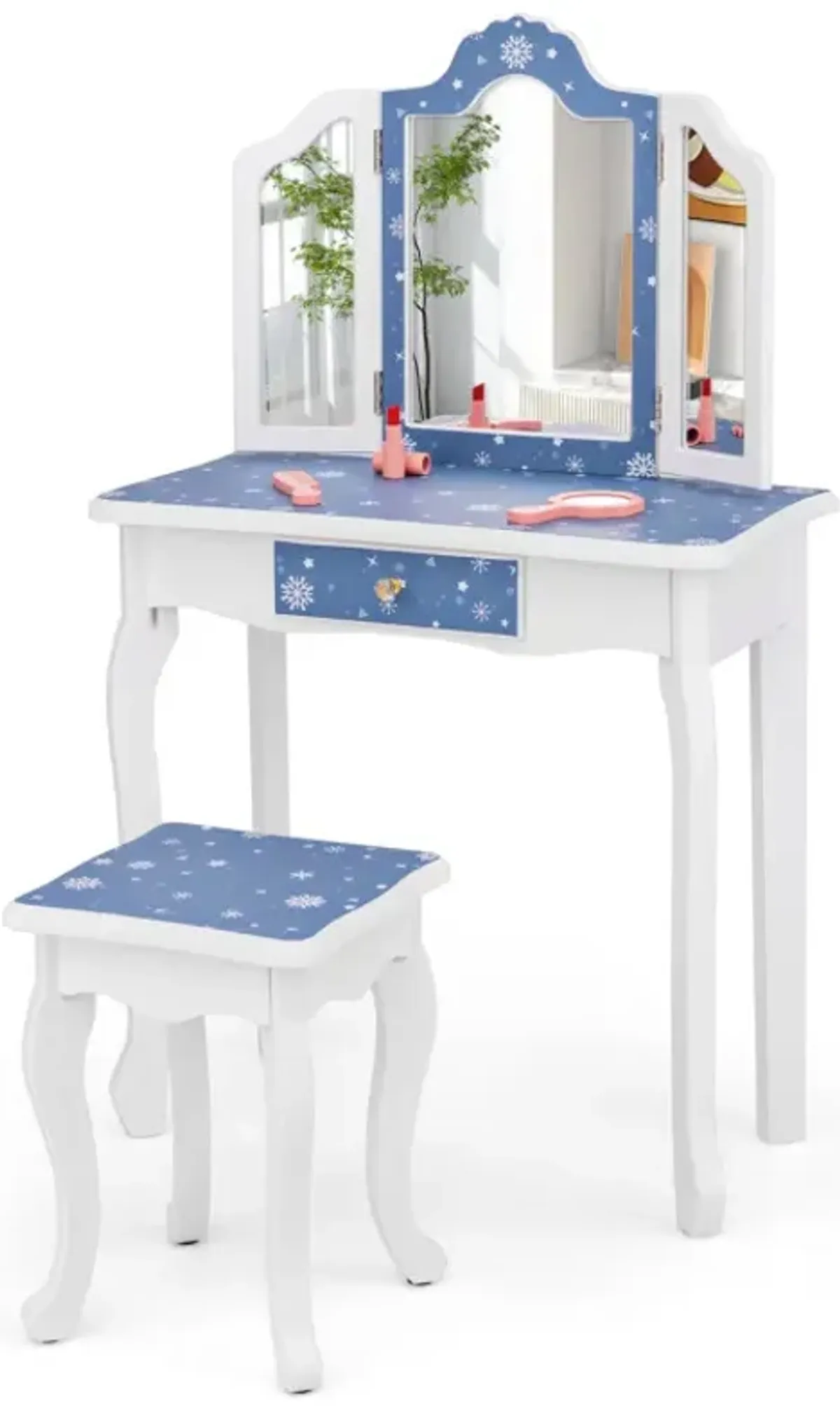 Princess Pretend Play Makeup Table and Stool Set with Tri-folding Mirror