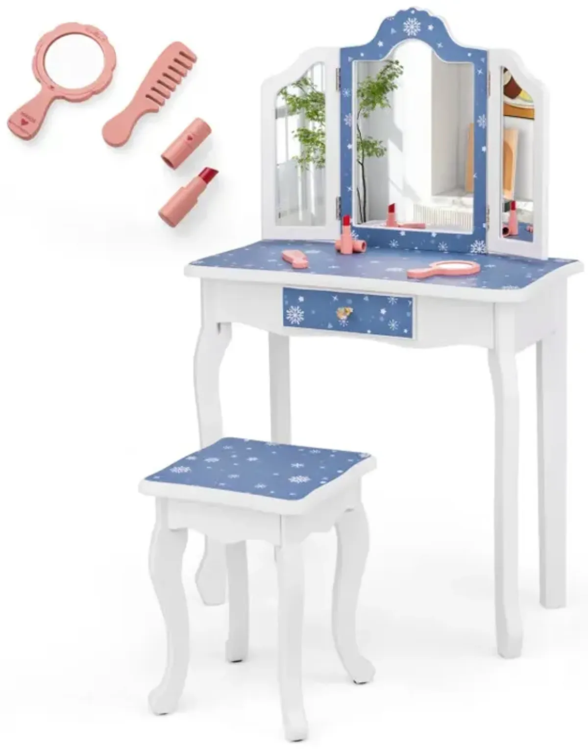 Princess Pretend Play Makeup Table and Stool Set with Tri-folding Mirror