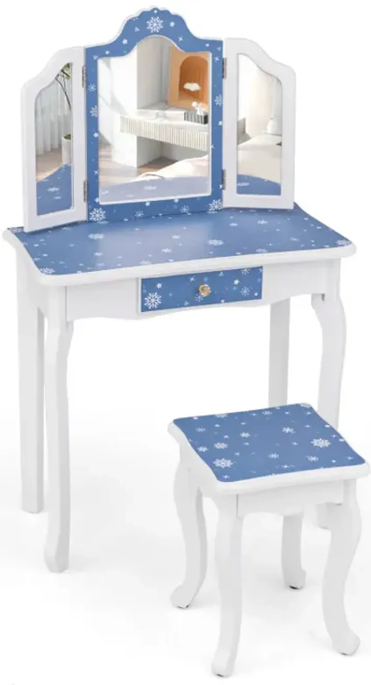 Princess Pretend Play Makeup Table and Stool Set with Tri-folding Mirror