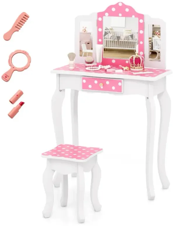 Princess Pretend Play Makeup Dressing Table with Cute Polka Dot Print