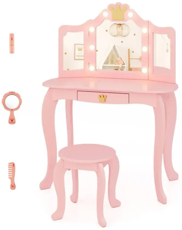 Kids Vanity Set with Tri-fold Lighted Mirror Detachable Top and Stool