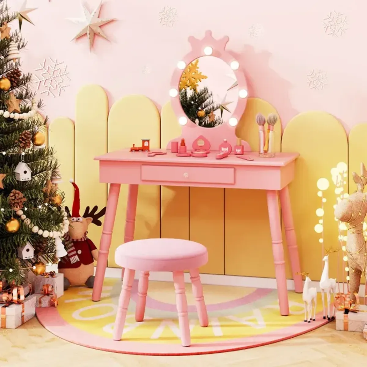 Kids Vanity Set with Lighted Mirror with Adjustable Brightness and Large Drawer