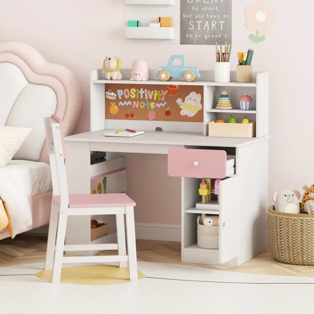 Kids Desk and Chair Set with Hutch and 3-Layer Side Shelf