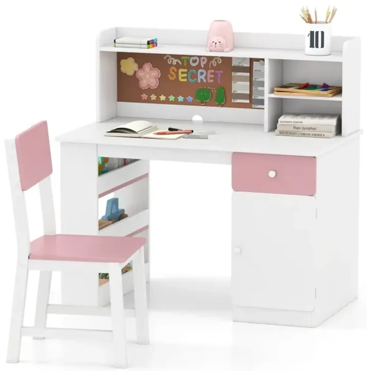 Kids Desk and Chair Set with Hutch and 3-Layer Side Shelf