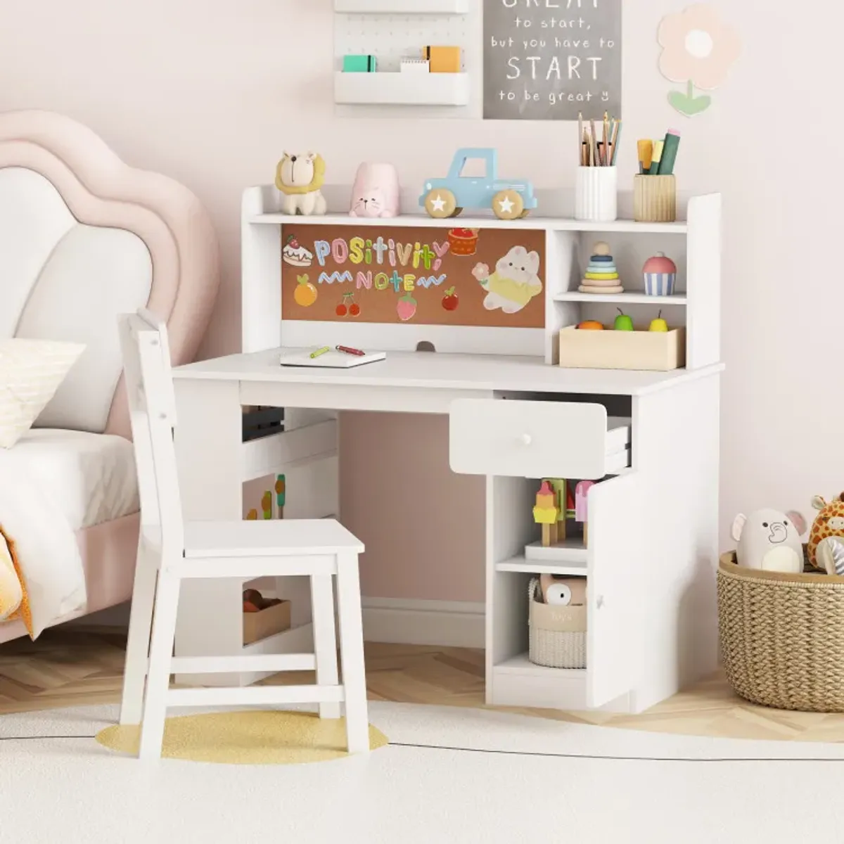Kids Desk and Chair Set with Hutch and 3-Layer Side Shelf