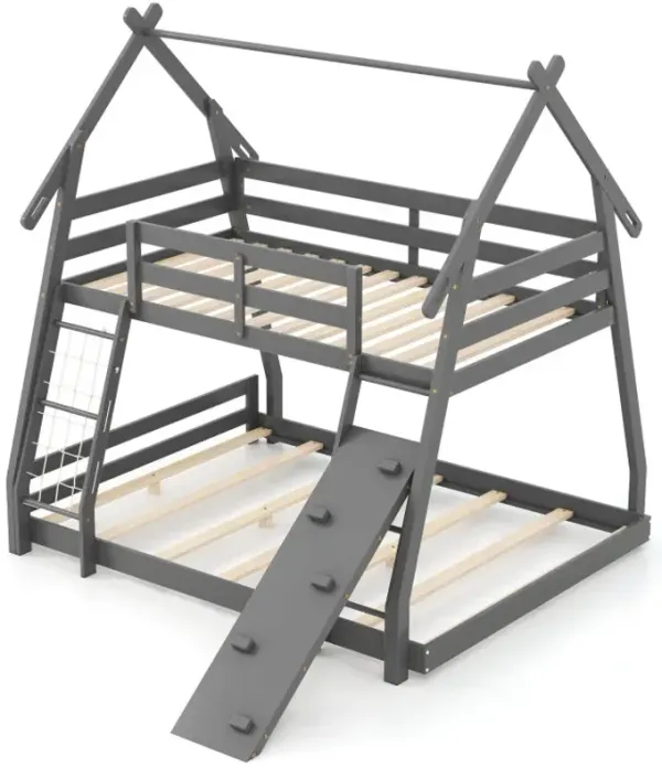 Twin Over Queen Bunk Bed Wooden Kids Bed with Climbing Nets and Ramp