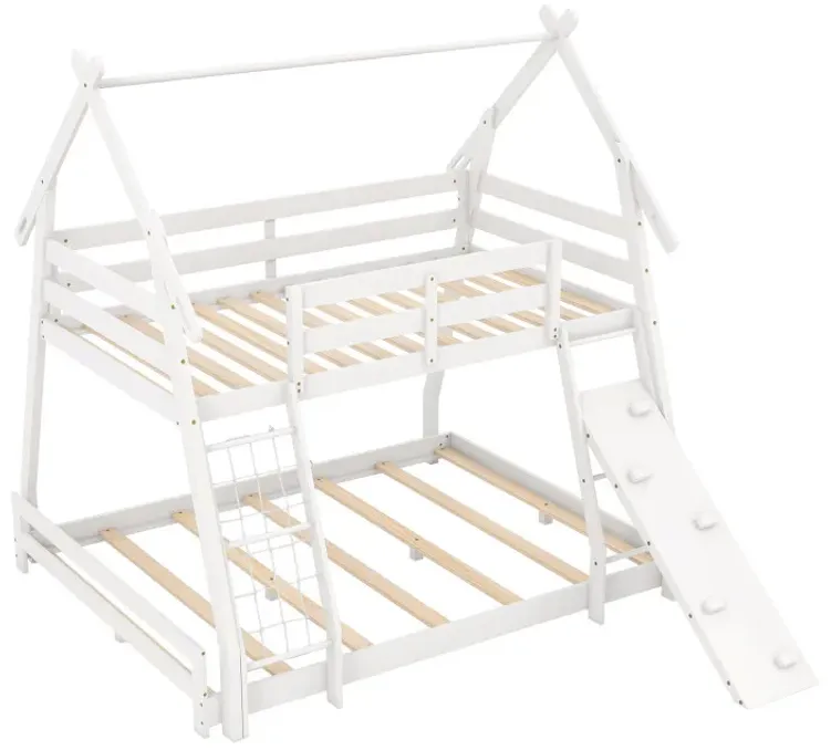 Twin Over Queen Bunk Bed Wooden Kids Bed with Climbing Nets and Ramp
