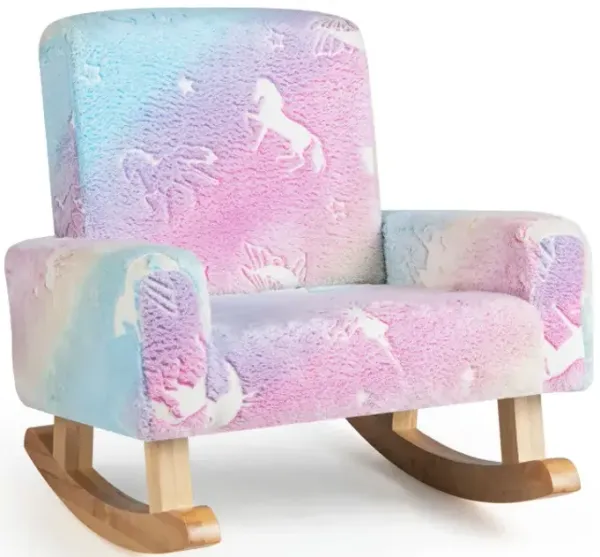Kids Rocking Chair Upholstered Flannel Children Rocker with Solid Poplar Wood Rocking Feet